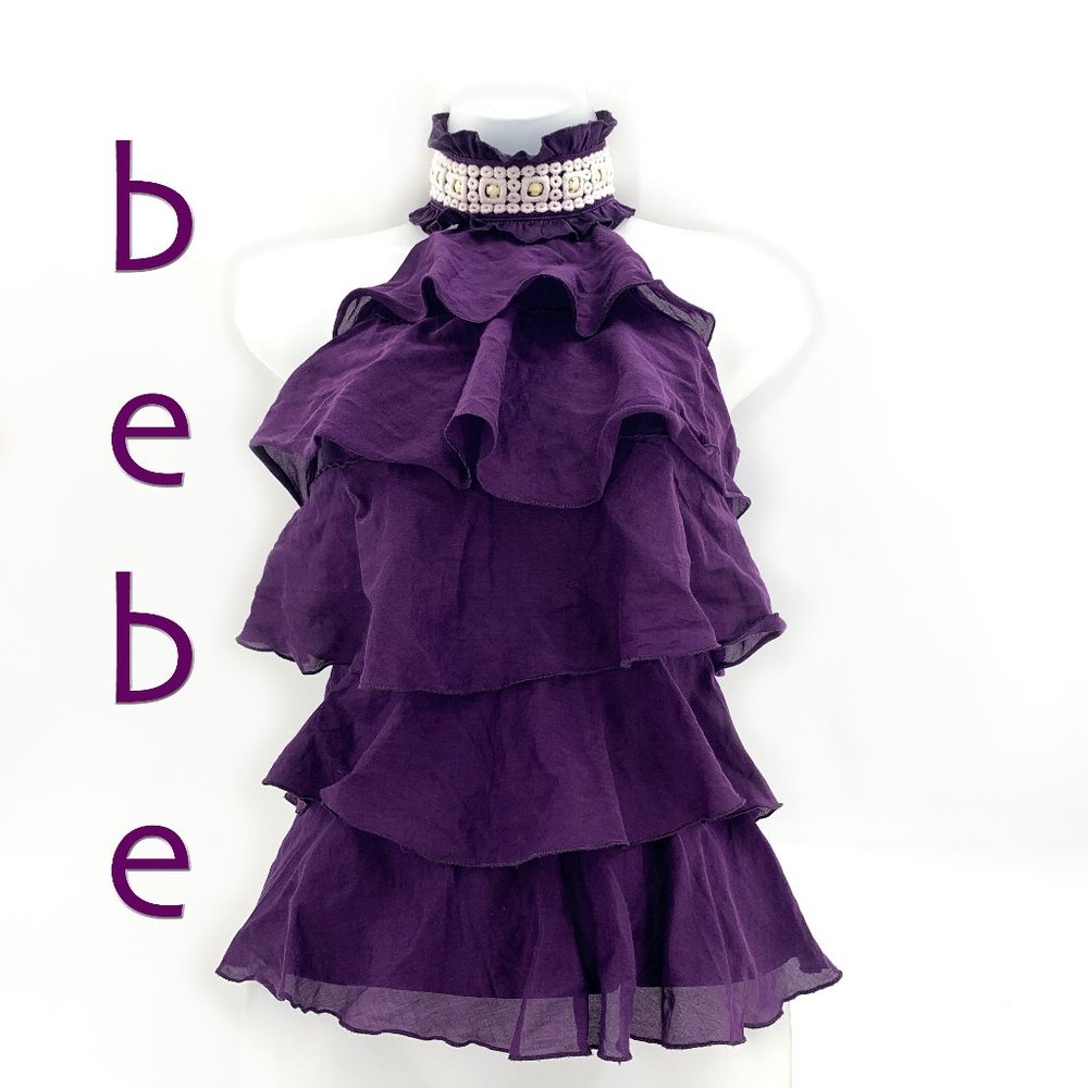 Women's Bebe Tiered Ruffle Purple Halter Top Blouse Cotton Silk Top XXS